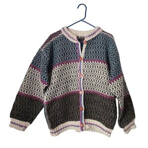 STEPHEN Handmade in Ecuador 80s Wool‎ Cardigan Sweater Geometric Stripe Pattern